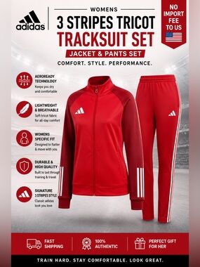 adidas Womens 3 Stripes Tricot Tracksuit Jacket & Pants Set Red Medium